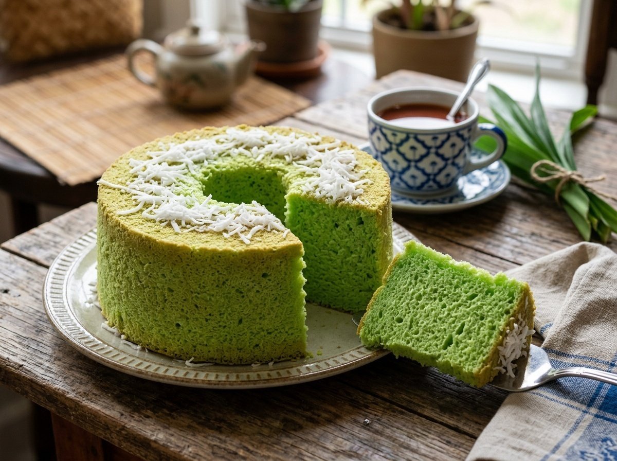 A fluffy Thai Pandan Cake with green color and shredded coconut on top, placed on a wooden table with a slice cut out.