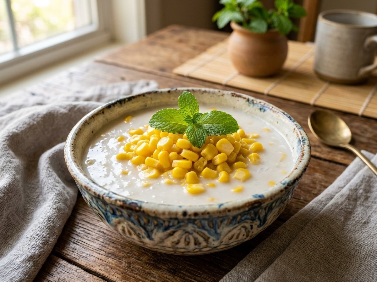Creamy Thai coconut pudding with sweet corn in a decorative bowl garnished with mint leaves, on a rustic table.