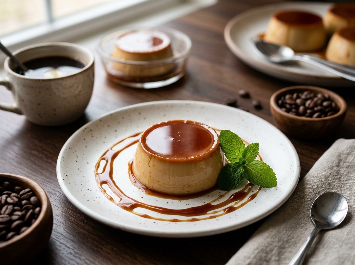 Silky Vietnamese Coffee Flan with Rich Espresso Caramel Silky Vietnamese coffee flan with rich espresso caramel on a plate, garnished with mint, with coffee beans in the background.