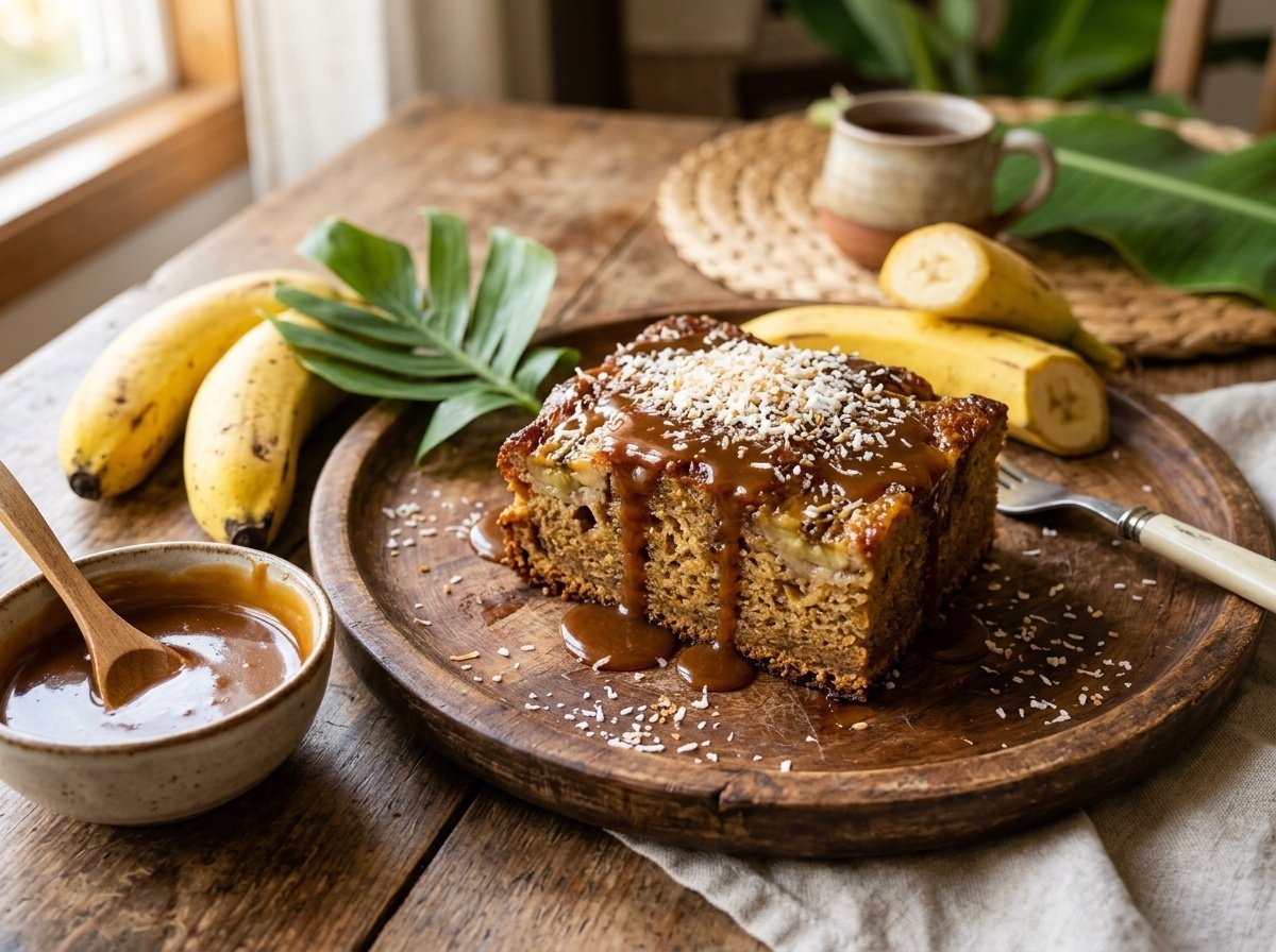 Moist Vietnamese banana cake with caramel drizzle and shredded coconut on a wooden platter with fresh bananas.