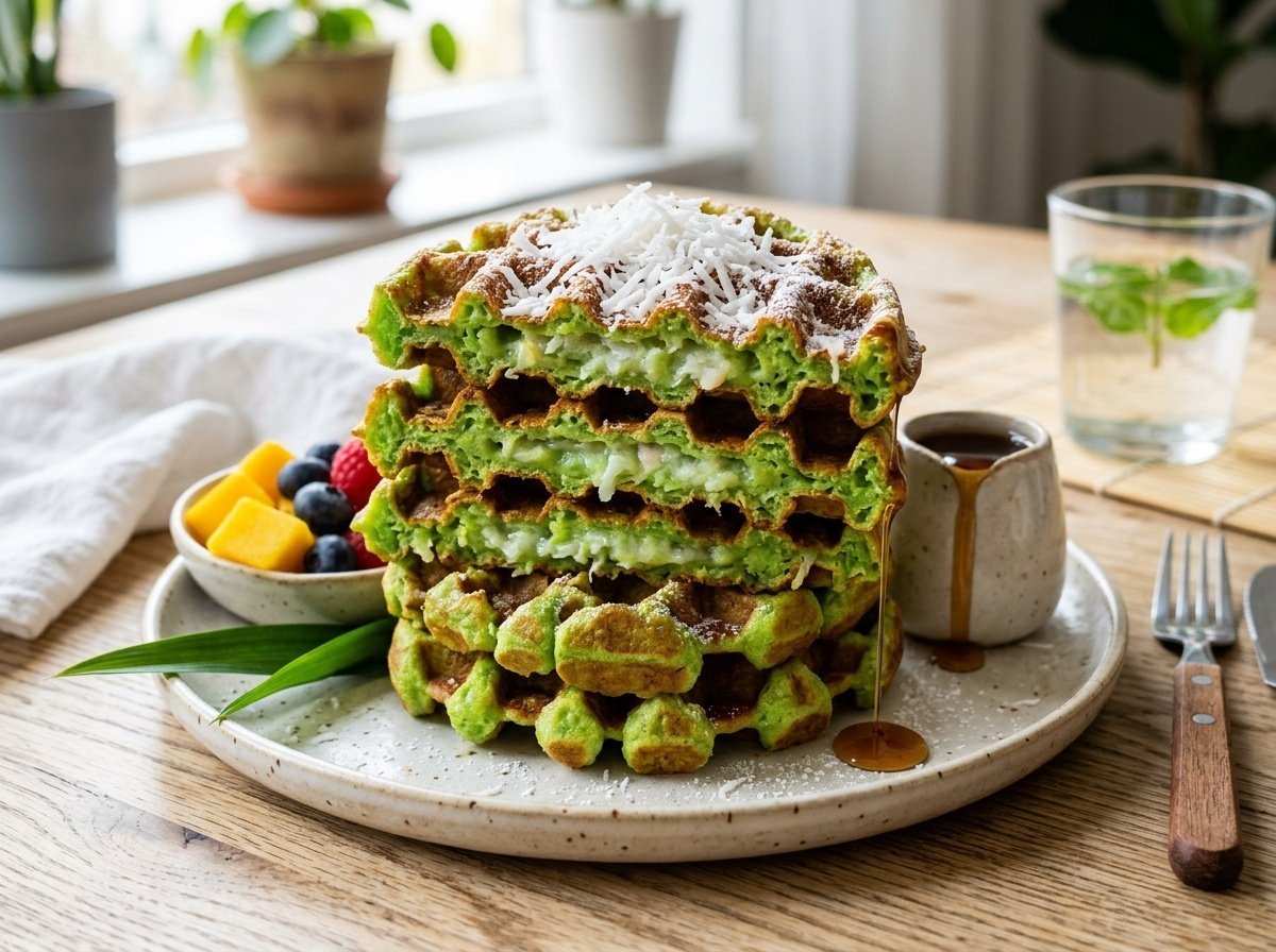 Crisp Vietnamese Pandan Waffles with Chewy Coconut Centers Stack of crispy Vietnamese Pandan Waffles with chewy coconut centers, garnished with shredded coconut and syrup.
