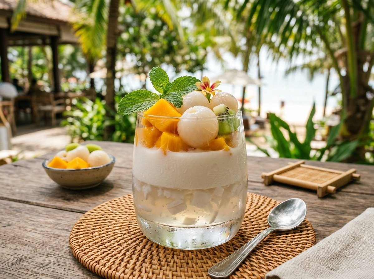 Refreshing Vietnamese Coconut Jelly with Creamy Tropical Layers Layered Vietnamese coconut jelly with creamy layer and colorful tropical fruits in a clear glass.