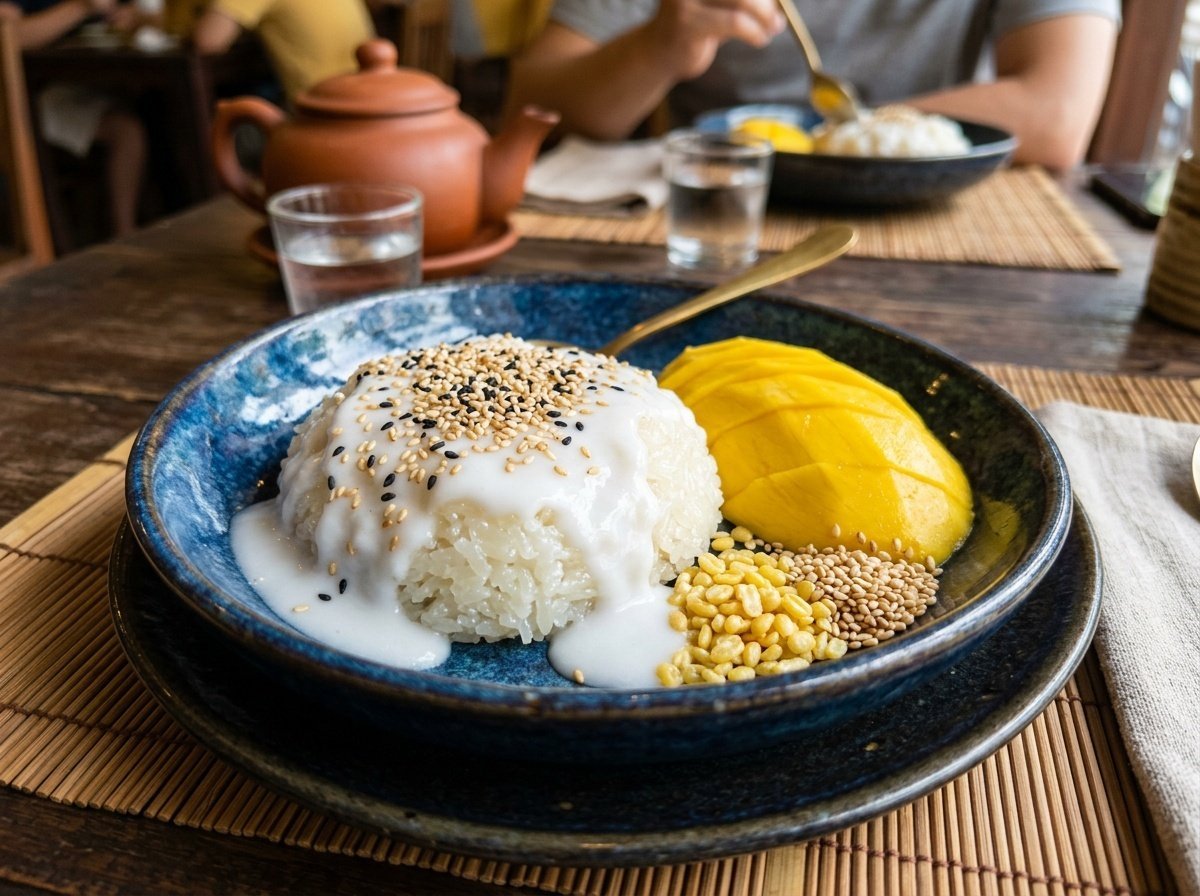 Sweet Vietnamese sticky rice dessert topped with coconut cream and sesame seeds, accompanied by fresh mango slices.