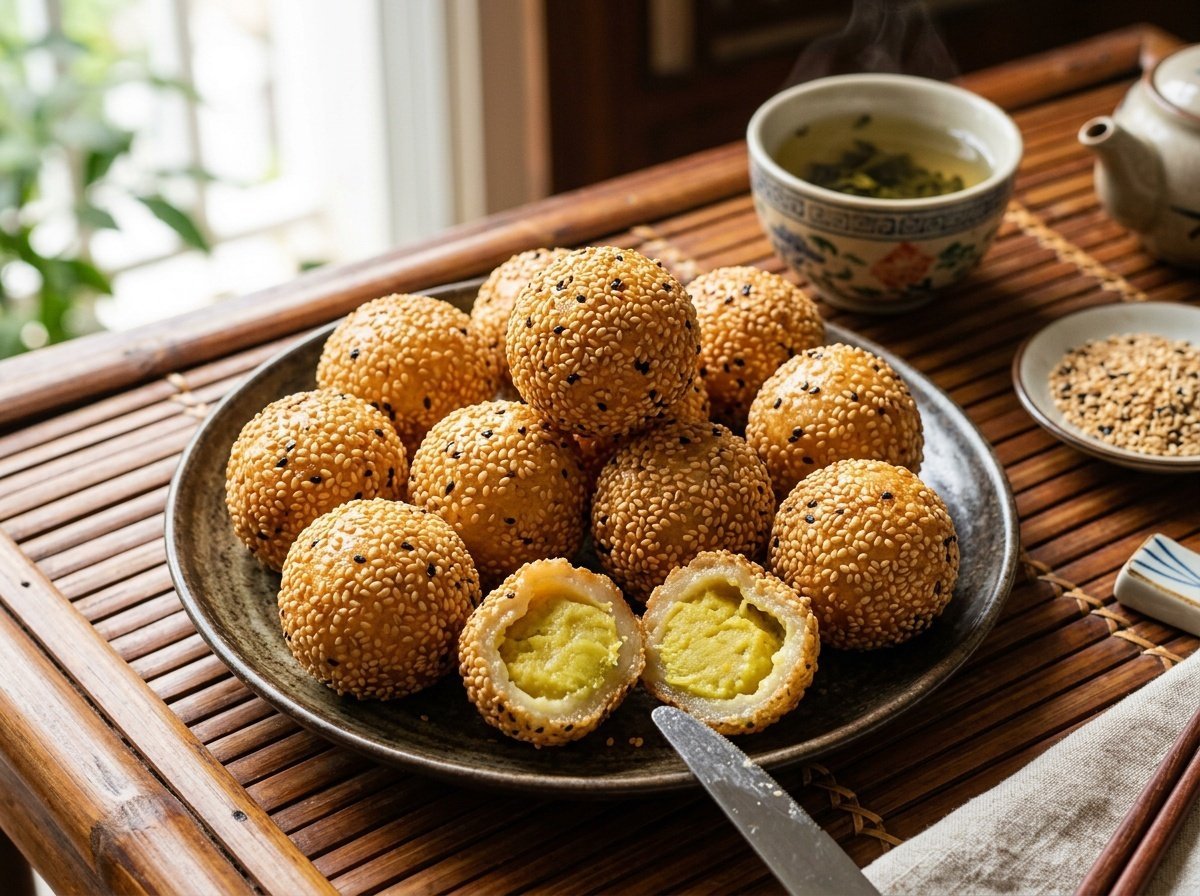 Crispy Vietnamese Sesame Balls with Sweet Mung Bean Filling Crispy Vietnamese sesame balls filled with sweet mung bean paste, on a traditional table setting.