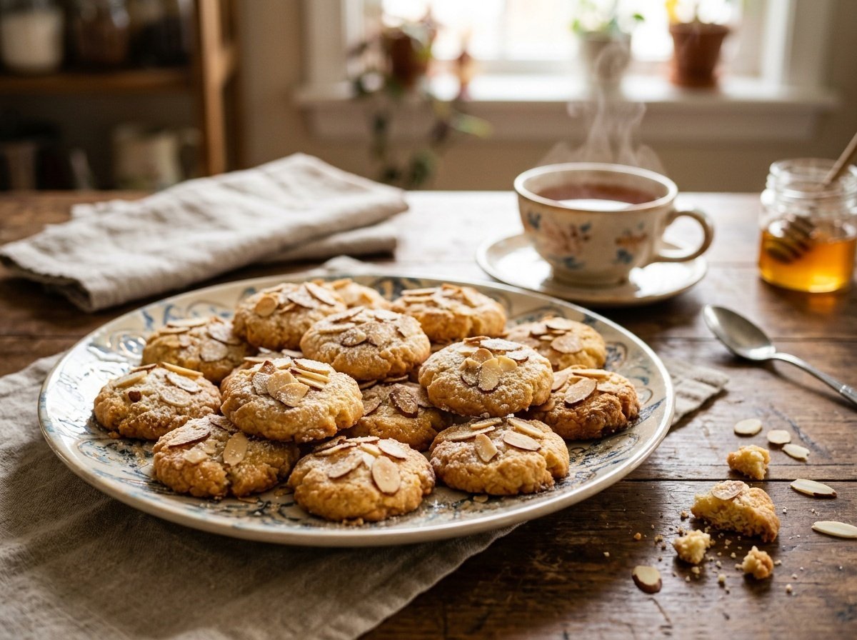 Golden Chinese almond cookies arranged on a plate, topped with almond slices, beside a cup of tea.