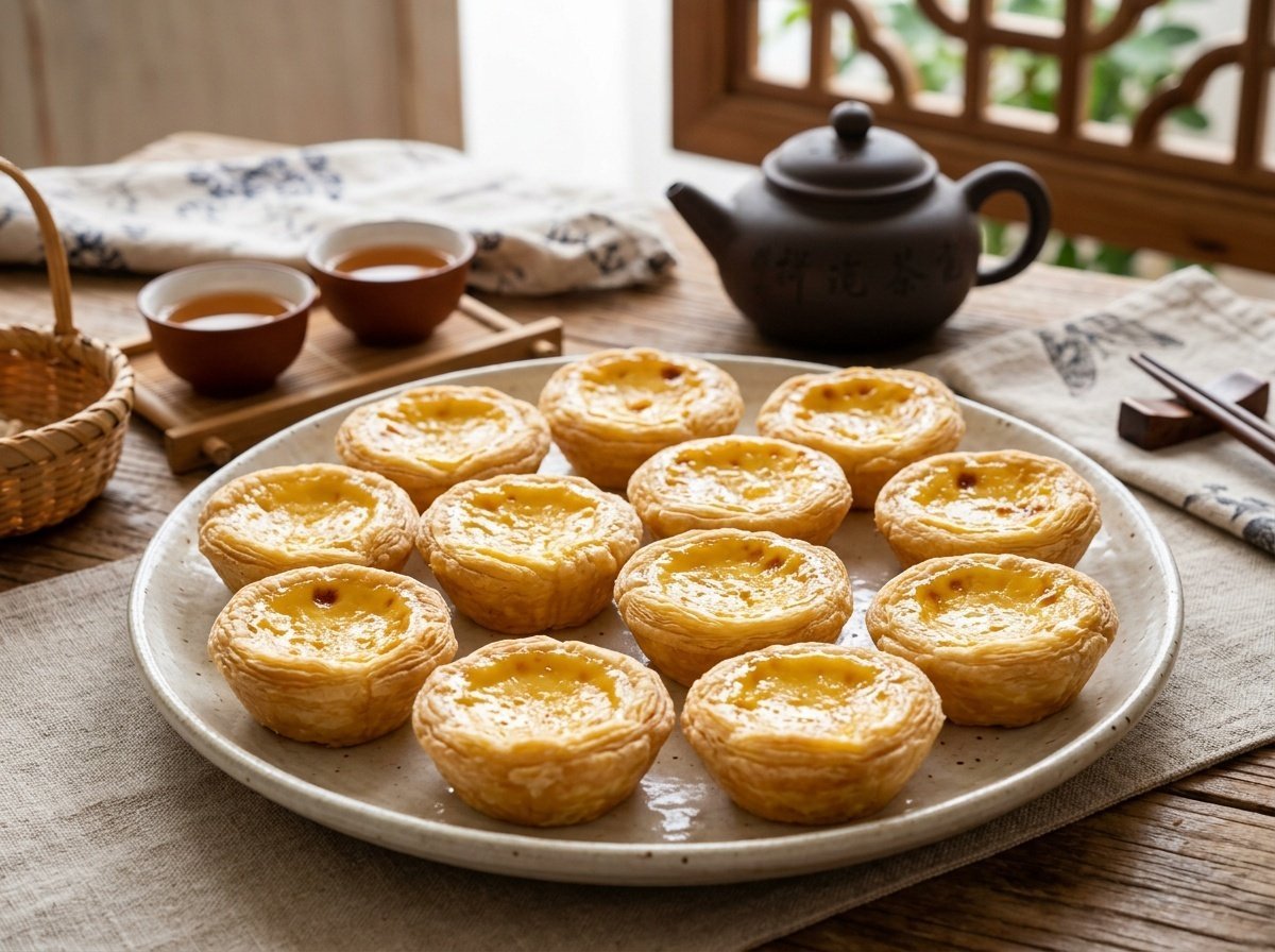 Flaky Chinese Egg Tarts Recipe A display of Chinese egg tarts on a plate, showcasing their flaky crust and smooth custard filling.