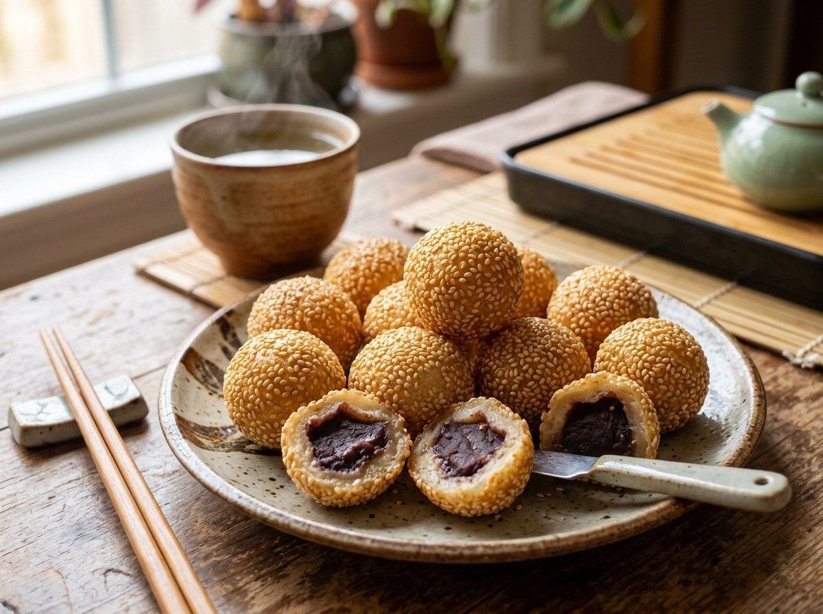 Golden crispy Chinese sesame balls filled with red bean paste, garnished with sesame seeds, served on a plate.