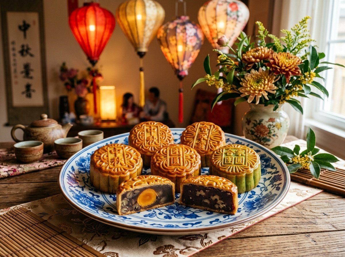 A selection of traditional Chinese mooncakes with intricate designs, representing various flavors, surrounded by festive decor.