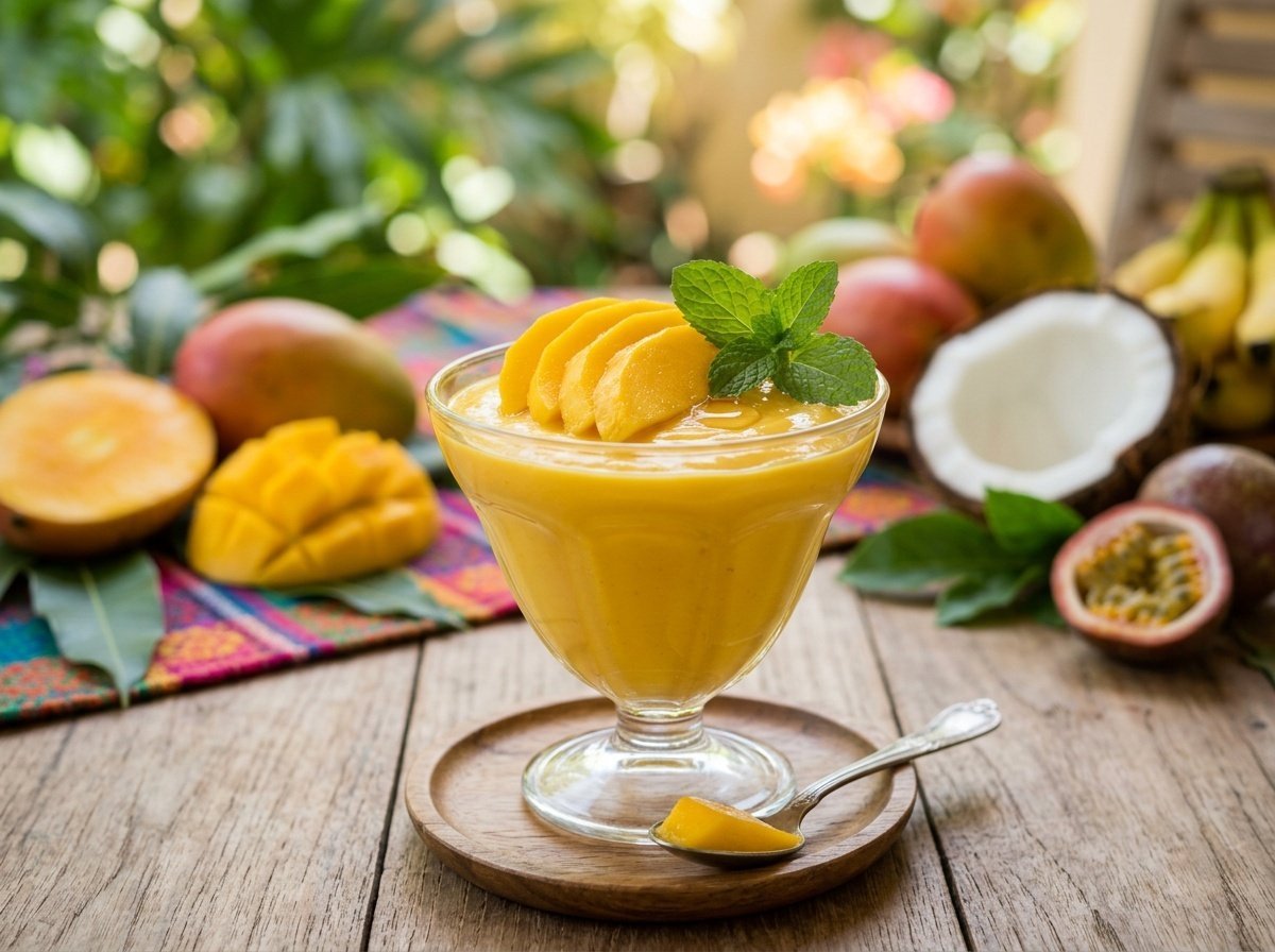 Silky mango pudding in a glass cup with mango slices and mint on top, surrounded by tropical fruits.