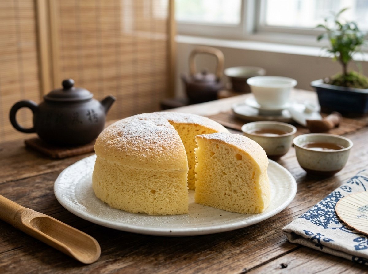 A soft and fluffy Chinese steamed sponge cake with a tender crumb, sliced to show inside, on a tea-inspired backdrop.