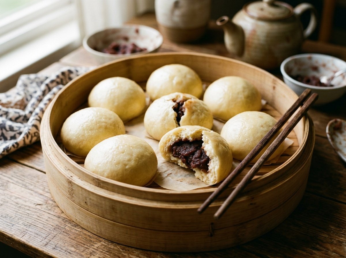 Soft Chinese Red Bean Buns Recipe with Sweet Fluffy Centers Steamed Chinese red bean buns on a bamboo steamer with fluffy texture, revealing red bean filling.