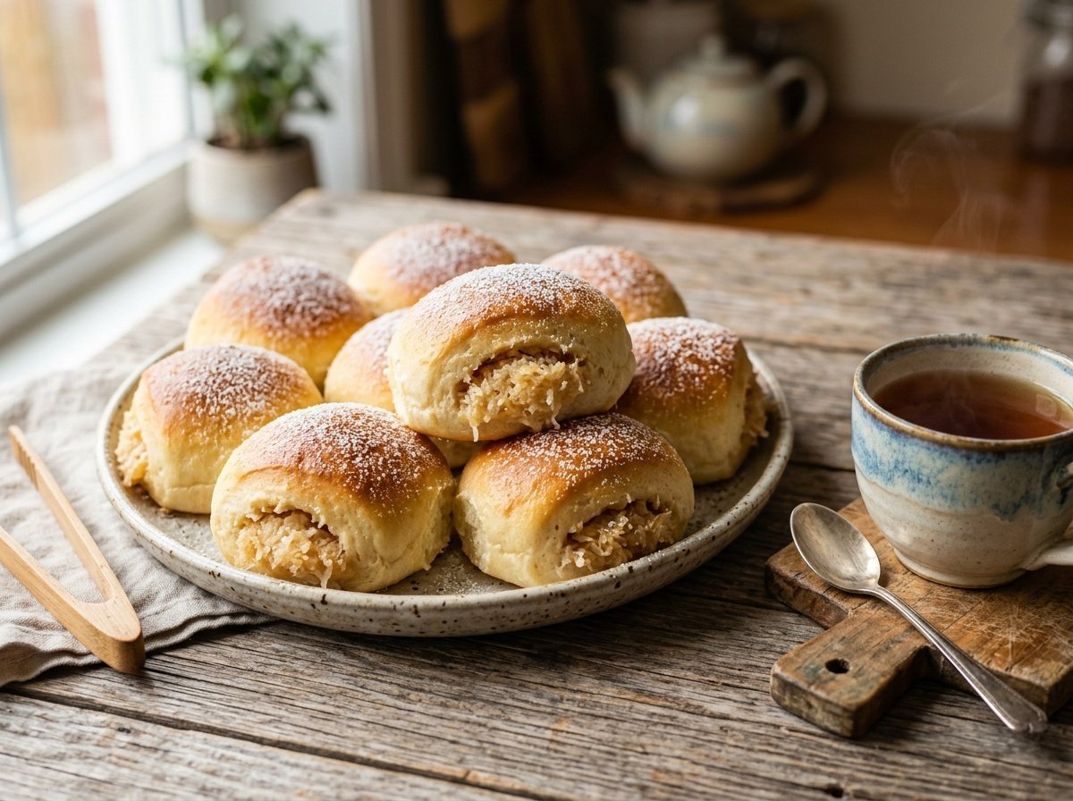 A close-up of fluffy Chinese coconut buns with a buttery filling, beautifully arranged on a wooden board with a cup of tea.