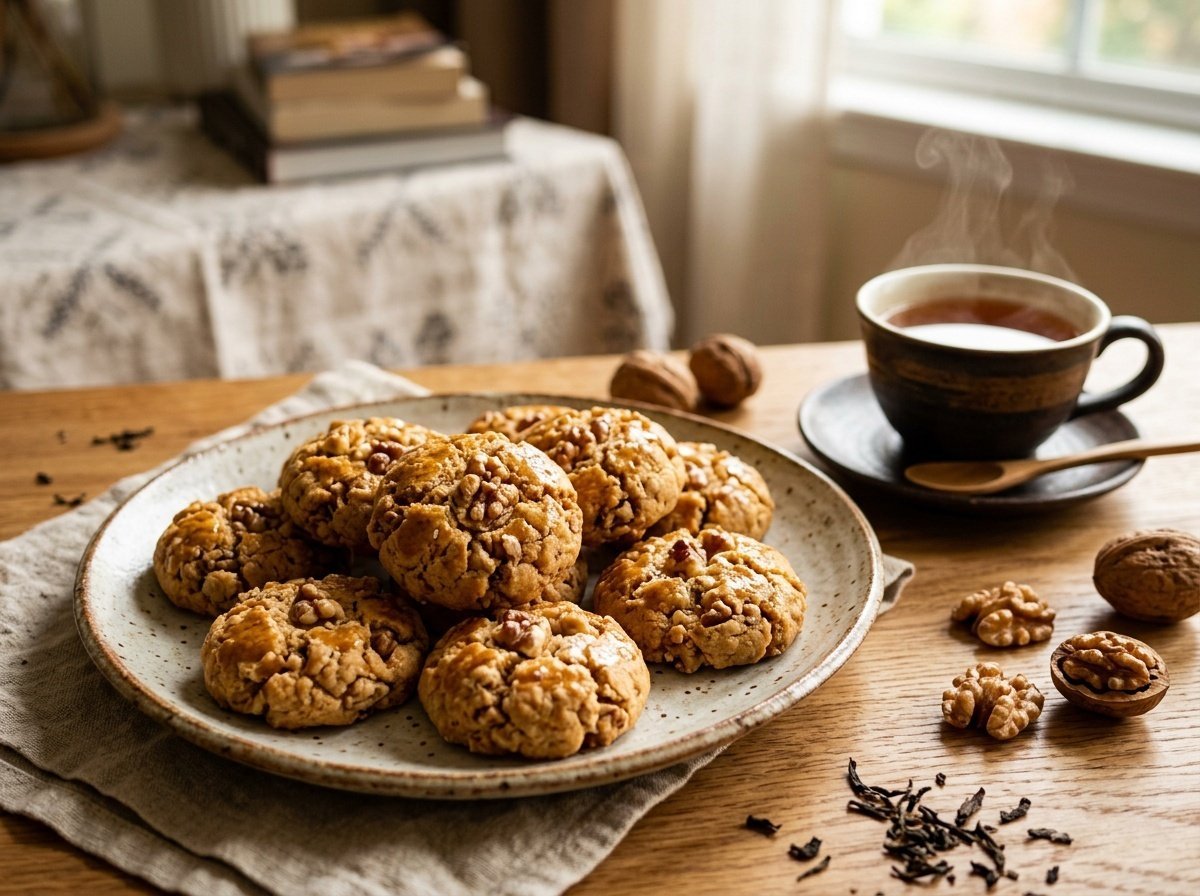 Crisp Chinese Walnut Cookies Recipe Plate of golden-brown crisp walnut cookies with chunks of walnuts, served with a cup of tea.