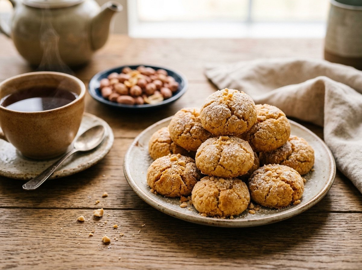 Melting Chinese Peanut Cookies Recipe A delicious plate of Chinese peanut cookies, golden brown and crumbly, with a cup of tea in the background.