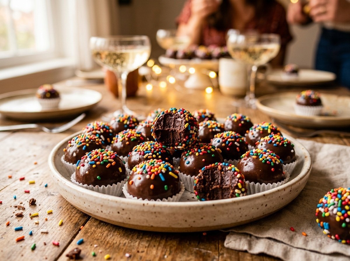Plate of fudgy Brazilian brigadeiros coated in chocolate sprinkles, with a decorative arrangement.