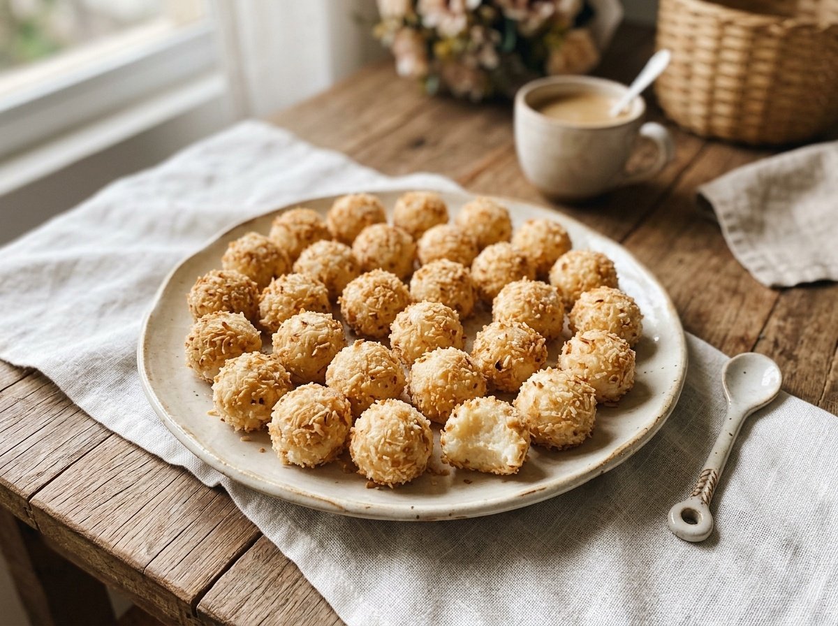 A close-up of a plate filled with Sweet Brazilian Coconut Kisses coated in toasted coconut flakes on a wooden table.