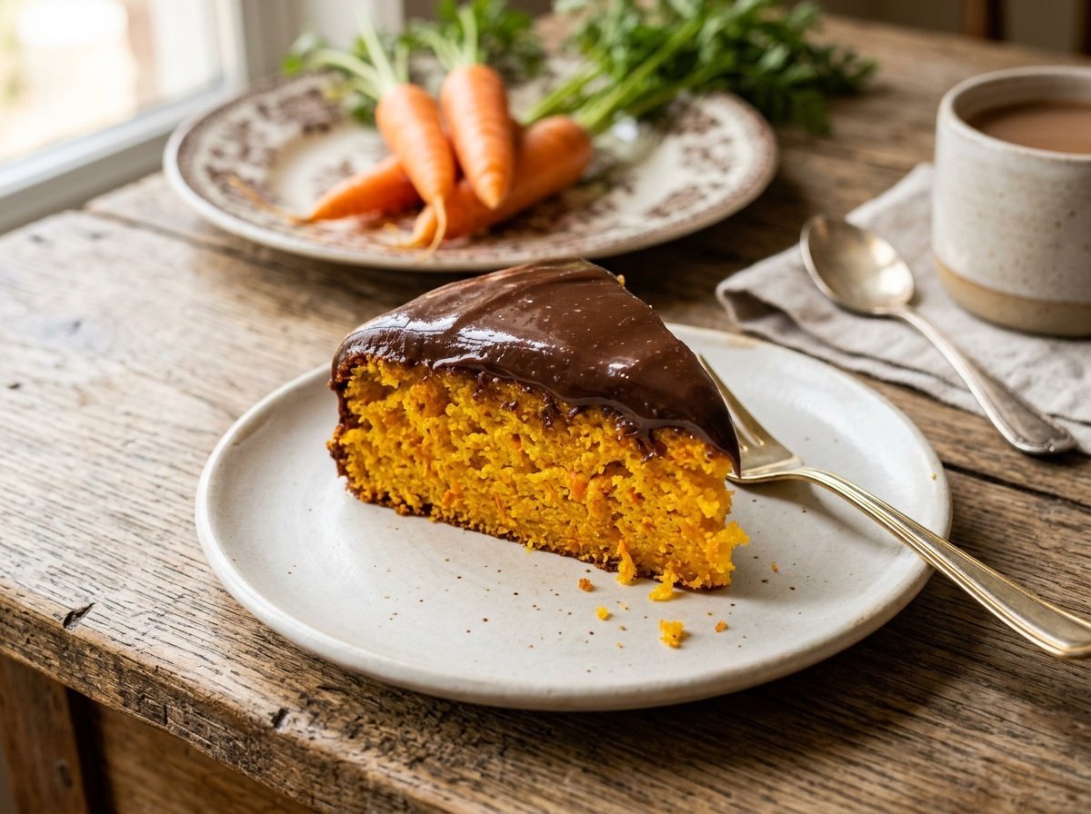 Slice of Brazilian carrot cake with chocolate frosting on wooden table with fresh carrots.