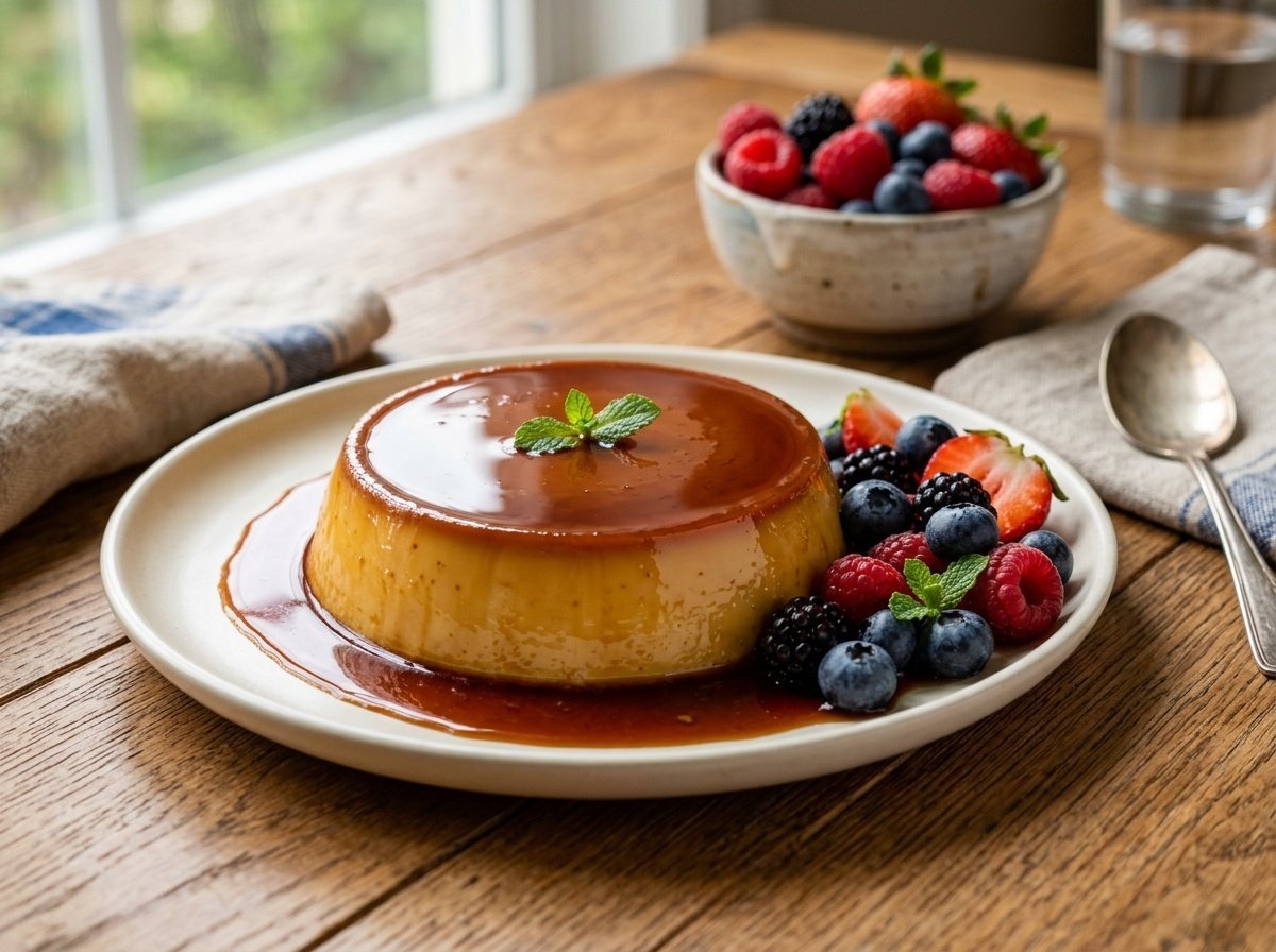 Silky Brazilian Flan Recipe with Deep Caramel Sauce Delicious Brazilian flan with caramel sauce on a white plate, surrounded by fresh berries on a rustic table.