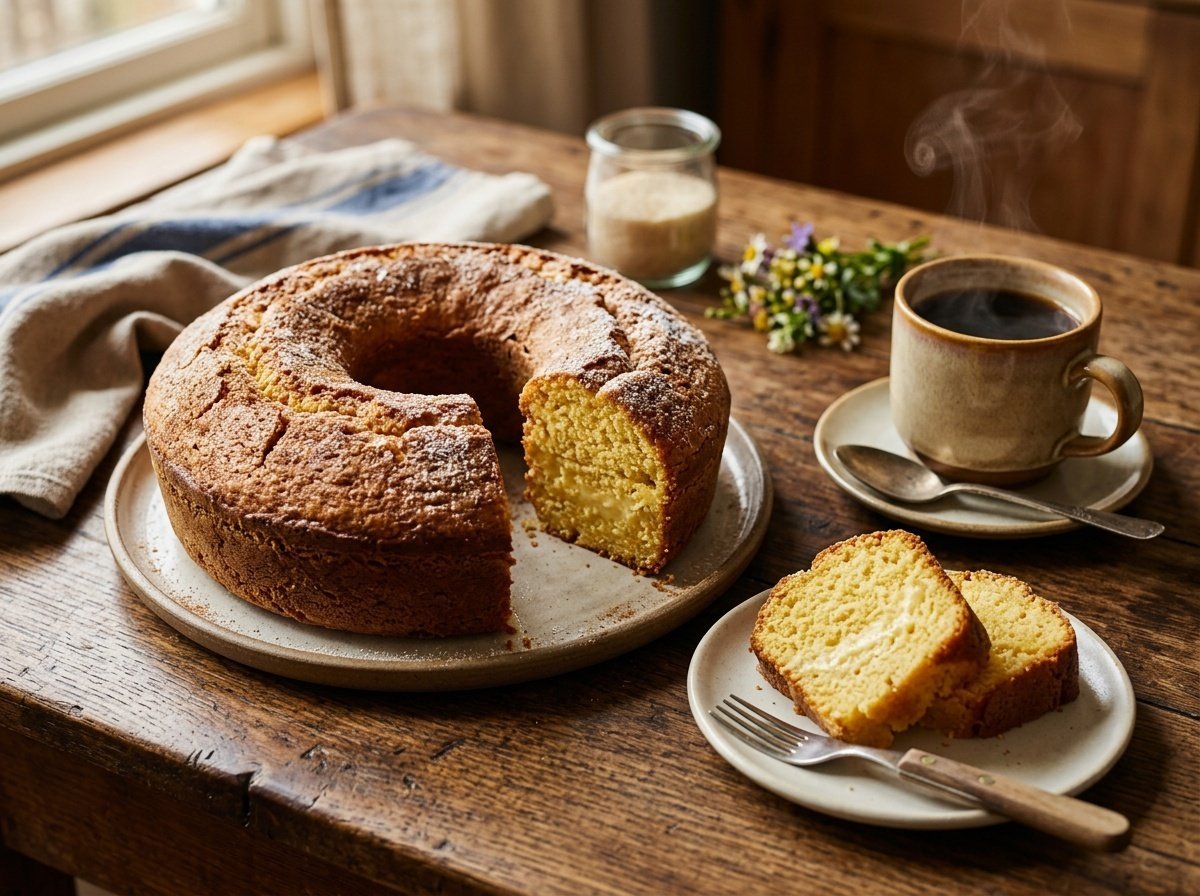 Rustic Brazilian cornmeal cake with slices on wooden table, accompanied by a cup of coffee.