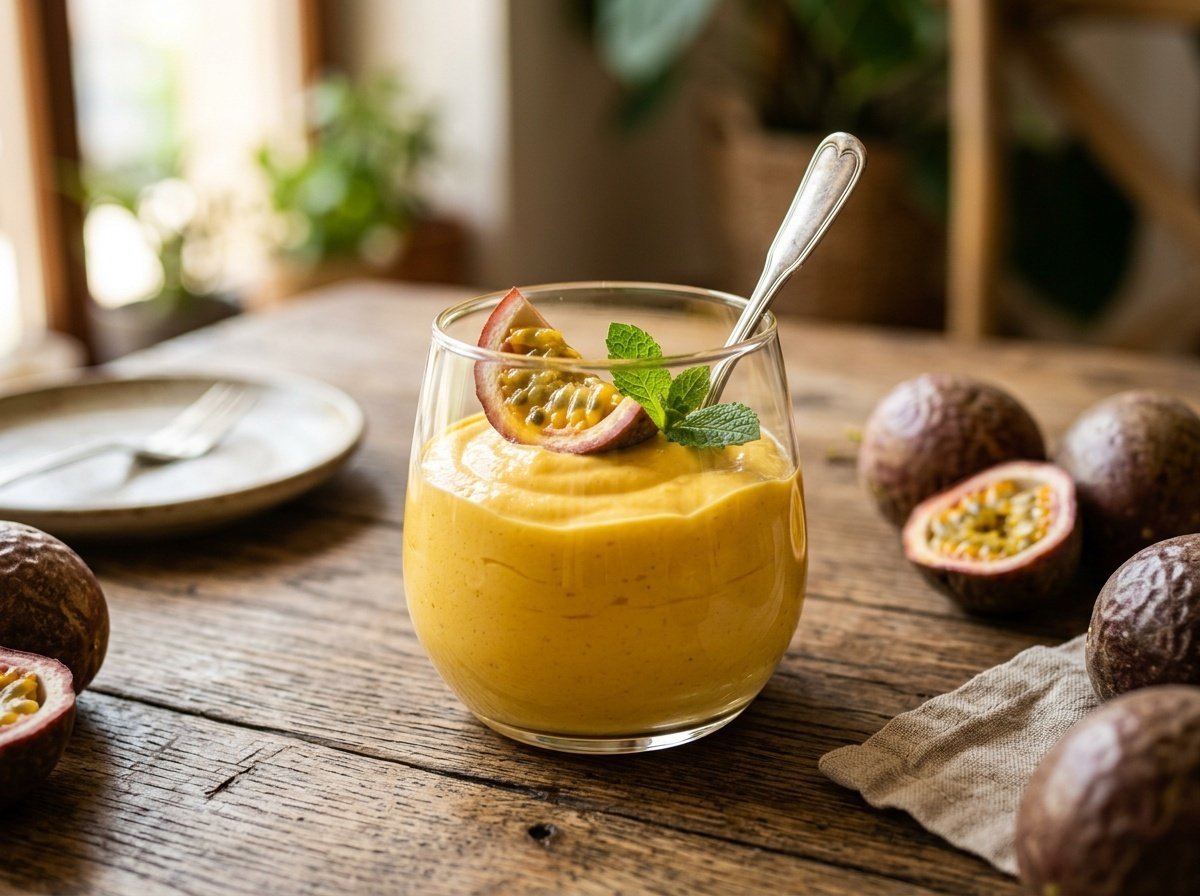 Creamy Brazilian Passion Fruit Mousse Recipe Creamy passion fruit mousse in a glass, garnished with fresh fruit and mint, creating a vibrant tropical dessert.