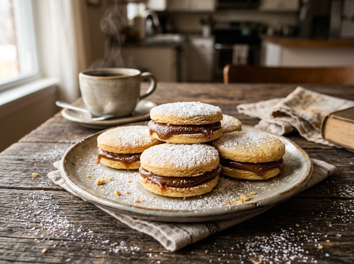 Plateful of alfajores filled with dulce de leche, dusted with powdered sugar, on a rustic table.